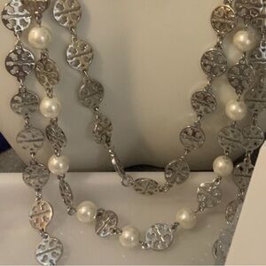 Tory Burch Elegant Silver Triple strand small Miller and Pearl Necklace